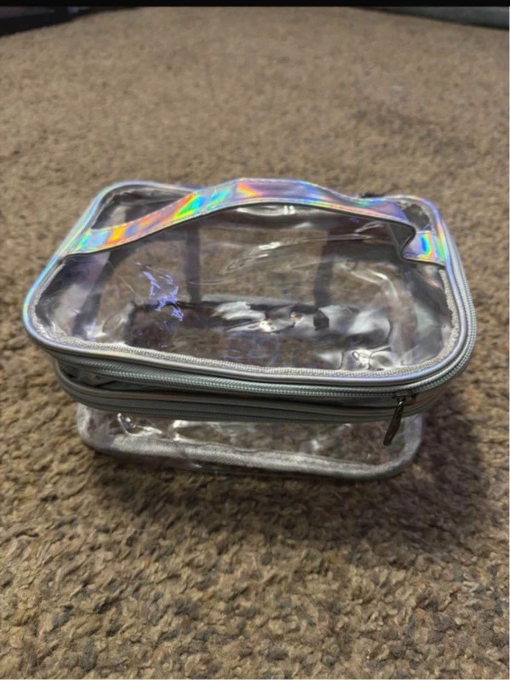 Clear Holographic Handle Travel Organizer Bag - Silver Trim